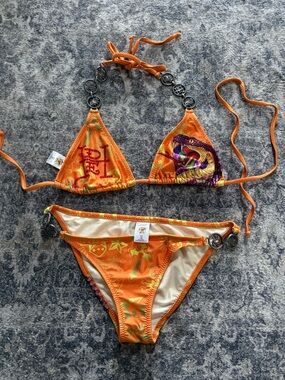 Ed Hardy Orange Graphic Snake Triangle Bikini